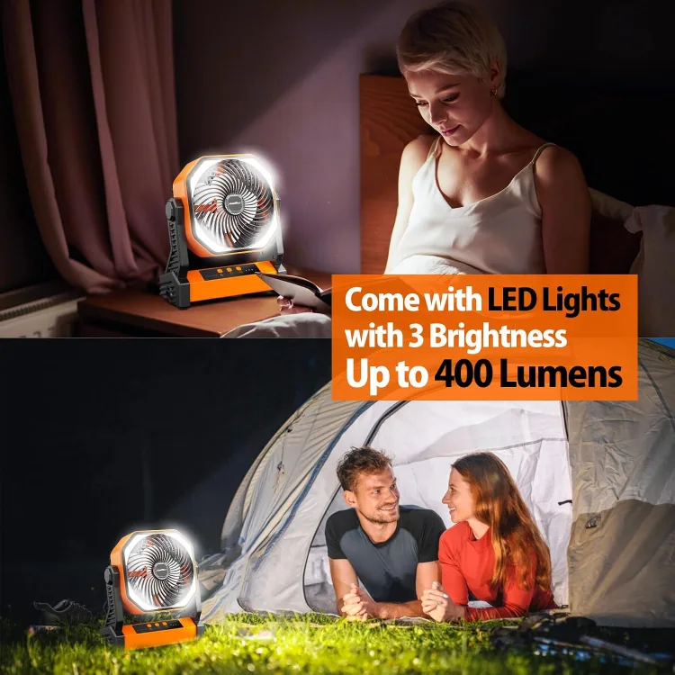 The maker's light demo: the fan lighting a dark bedroom and a tent at night, captioned three brightness levels and up to 400 lumens
