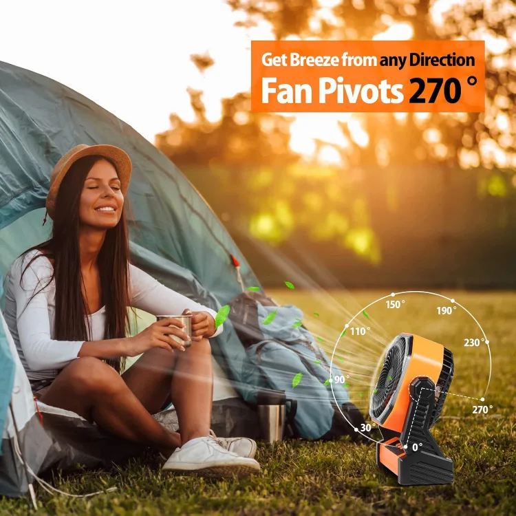 The maker's pivot diagram: the fan beside a tent at sunrise with an arc showing the head tilting from 0 to 270 degrees