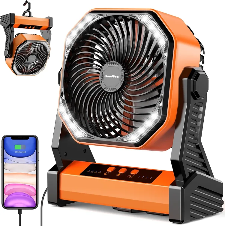 The AddAcc battery-powered camping fan in safety orange with its LED ring lit and its control buttons