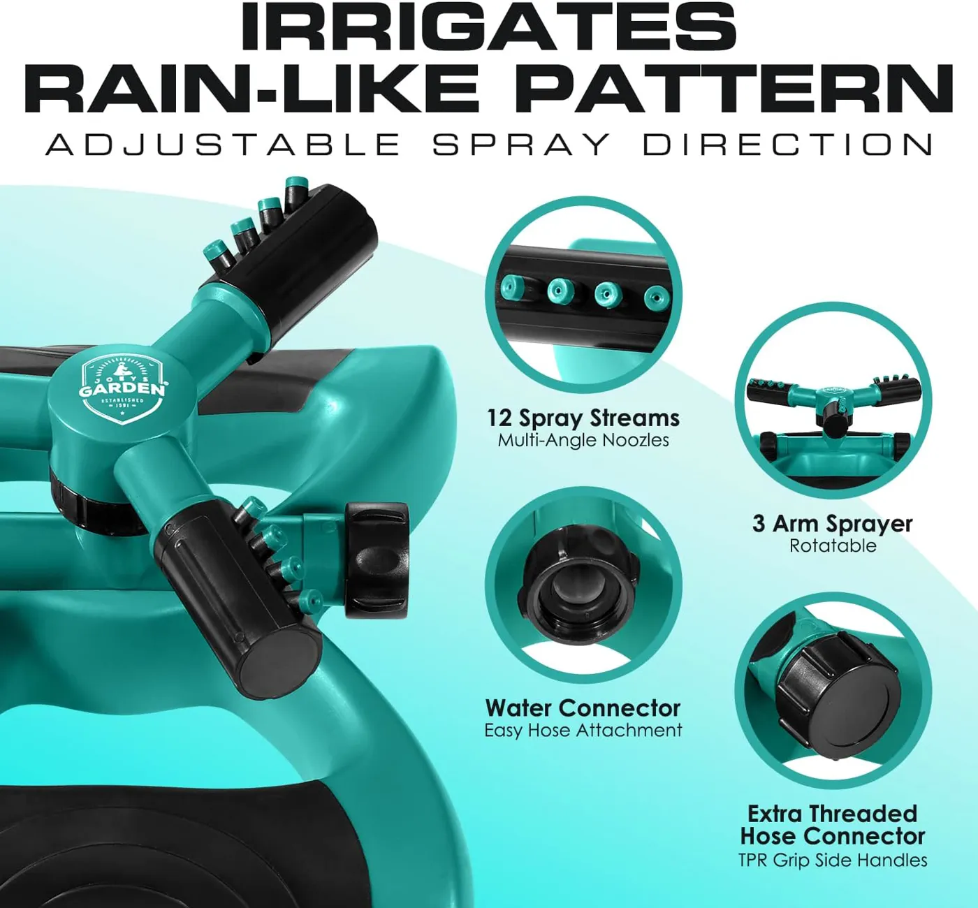 The maker's component diagram: 12 spray streams, 3-arm sprayer, water connector, extra threaded hose connector