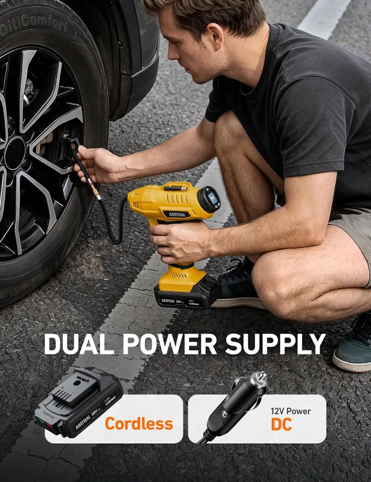 The maker's dual-power photo: a man kneeling at a car tire with the yellow AstroAI inflator on the valve, with the 20V battery and the 12V DC plug pictured below