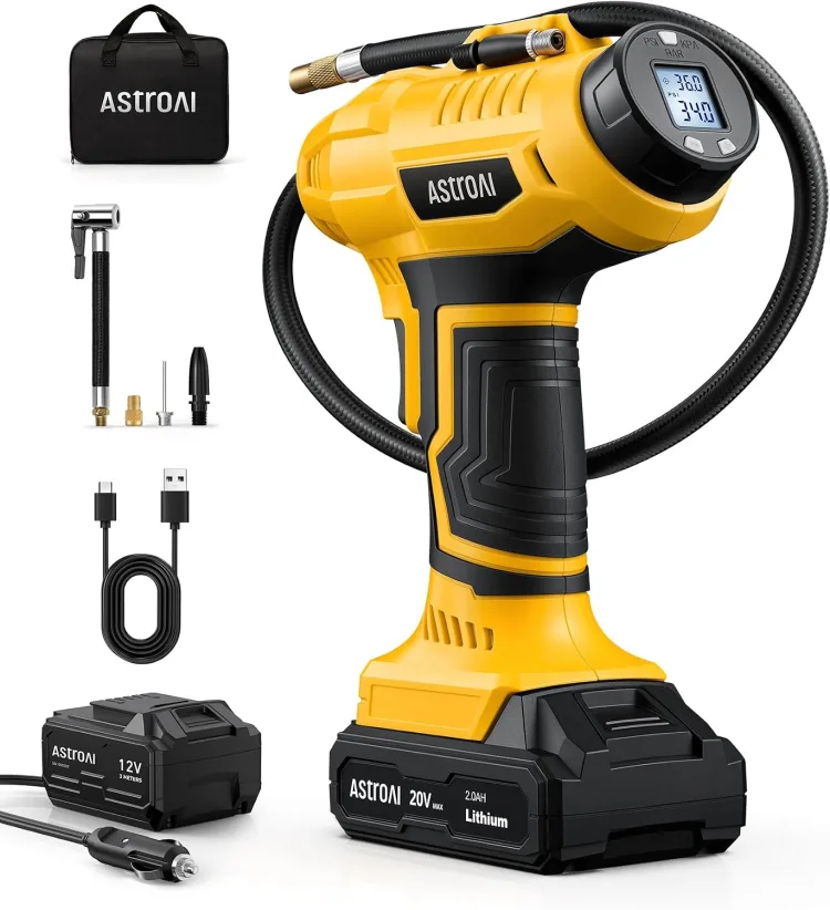 The AstroAI cordless tire inflator with its digital pressure gauge and air hose