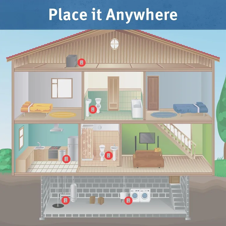 Maker listing graphic describing the Basement Watchdog water alarm's detection and loudness claims
