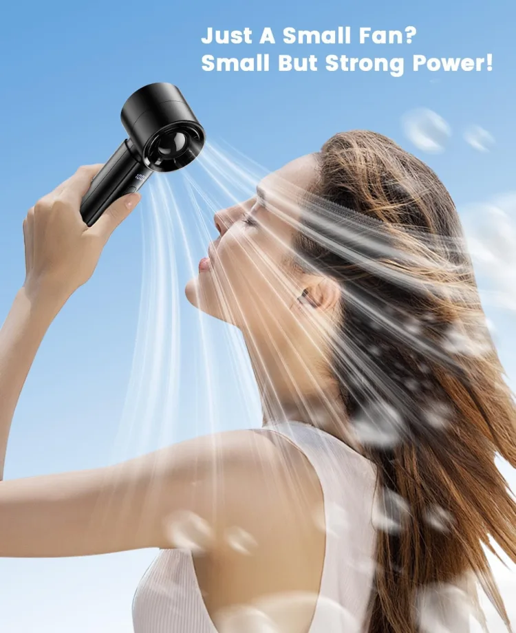 Maker graphic 'Just A Small Fan? Small But Strong Power!': a woman's hair blown back under a blue sky
