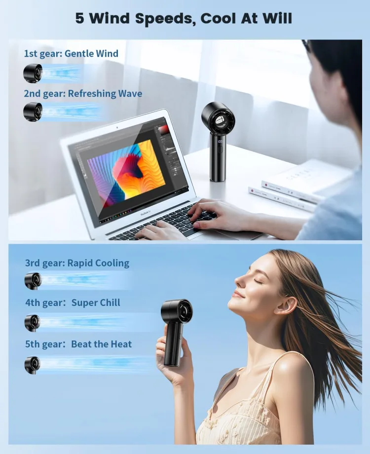 Maker graphic '5 Wind Speeds, Cool At Will': the five gear names over a desk scene and an outdoor scene