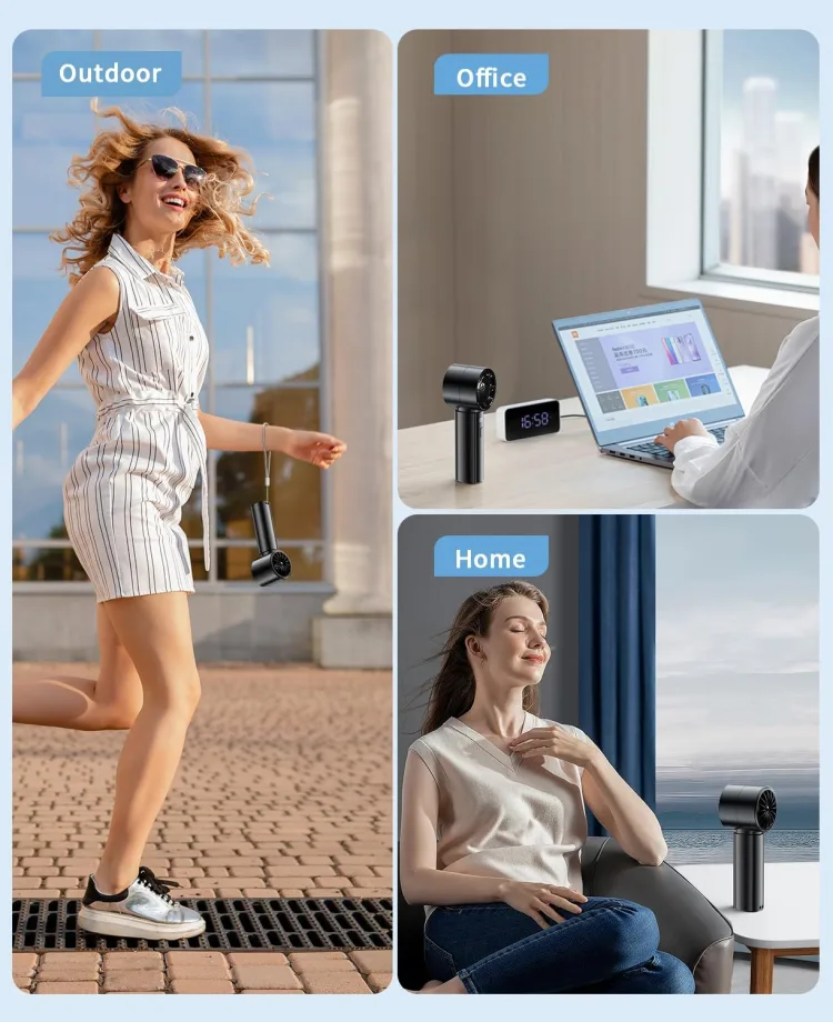 Maker triptych 'Outdoor, Office, Home': the wrist strap on a wrist outdoors, the fan standing on a desk beside a laptop, the fan on a side table at home