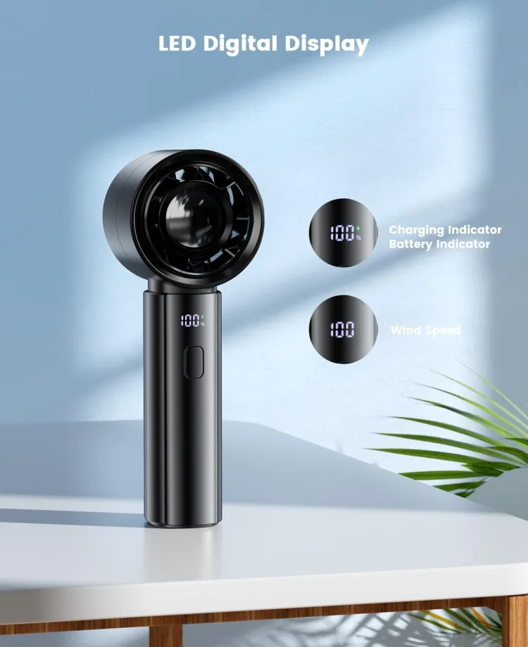 Maker graphic 'LED Digital Display': the fan standing on a table with callouts for the charging and battery indicator at 100% and the wind-speed readout at 100