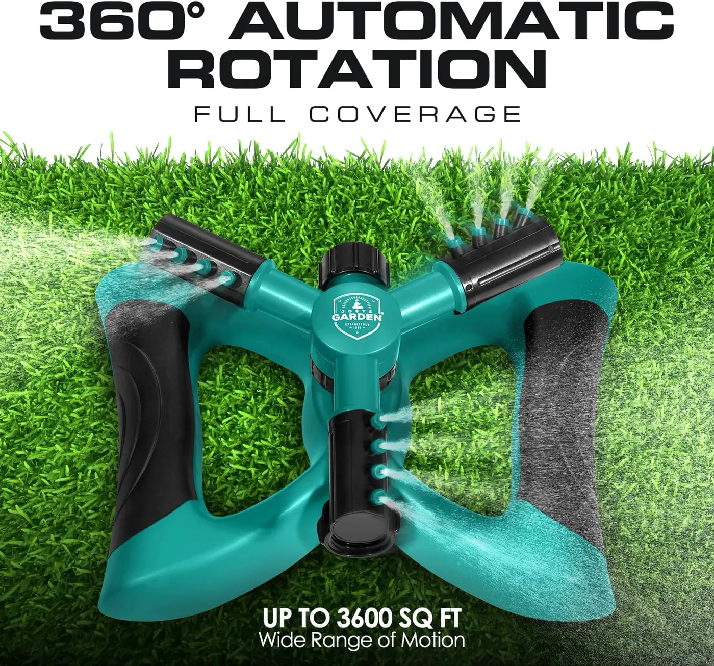 Diagram: the sprinkler rotates a full 360 degrees and covers up to 3,600 square feet on grass