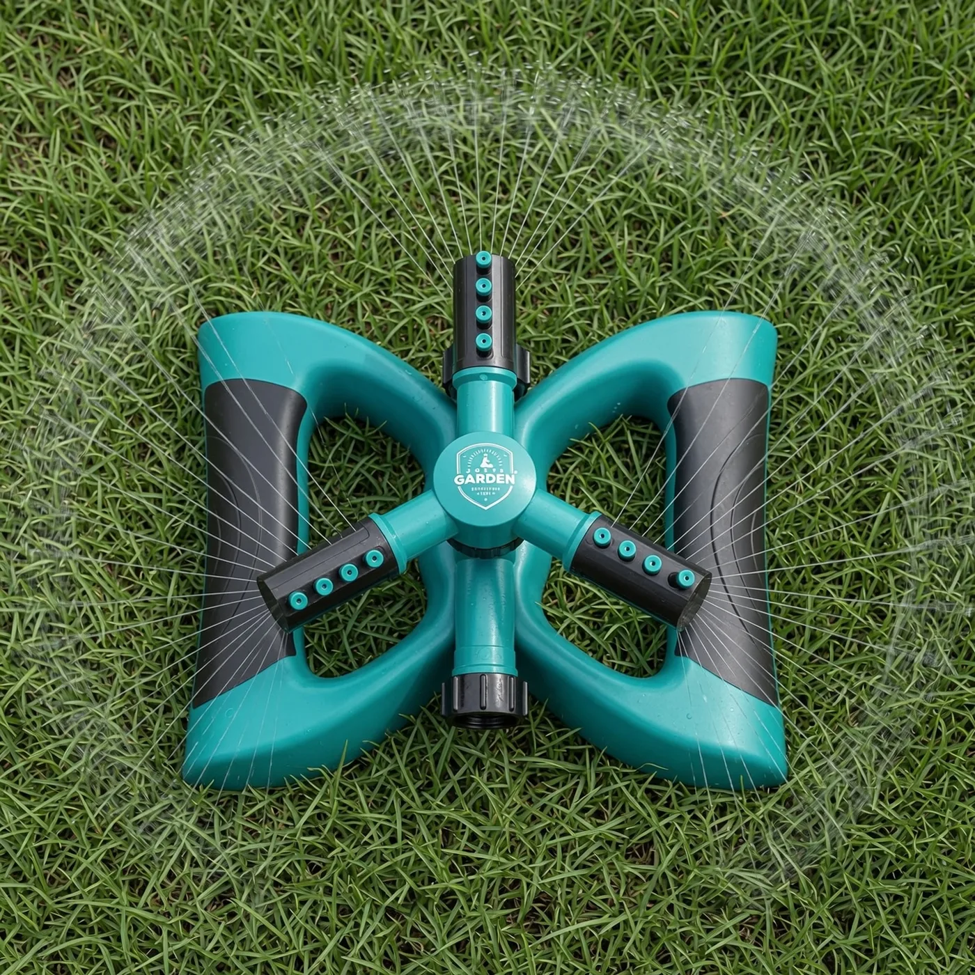 Top-down photo of the sprinkler running: twelve jets throw a circular ring of water over the grass