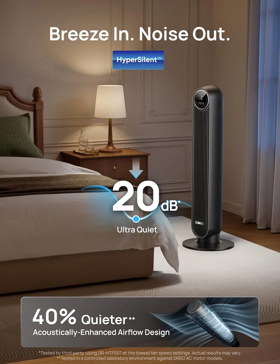 Maker graphic: night bedroom scene with Breeze In. Noise Out. 20dB Ultra Quiet claim and 40 percent quieter callout