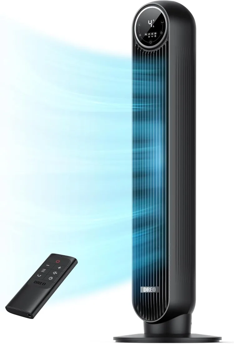 The DREO Tower Fan 307 in black with its remote control, a stylized blue airflow sweep behind it