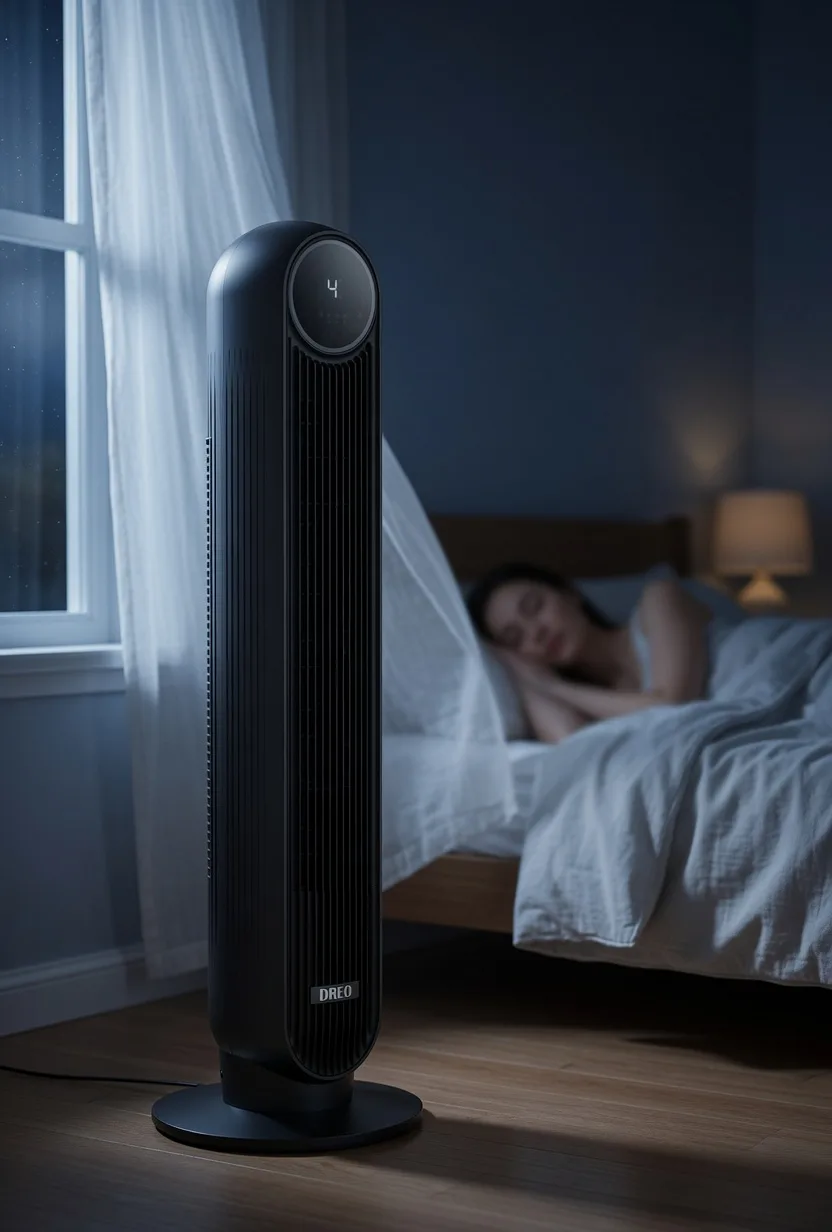 The graphite tower fan beside a bed in a dark room, its round display glowing softly while a sleeper rests under moonlight and lamplight