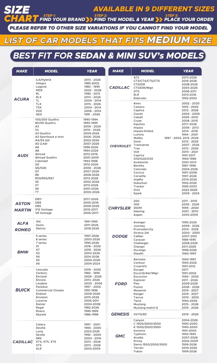 The maker's fit chart, page 1: 'available in 9 different sizes', with makes from Acura through GMC and the models and years the maker lists for each size.