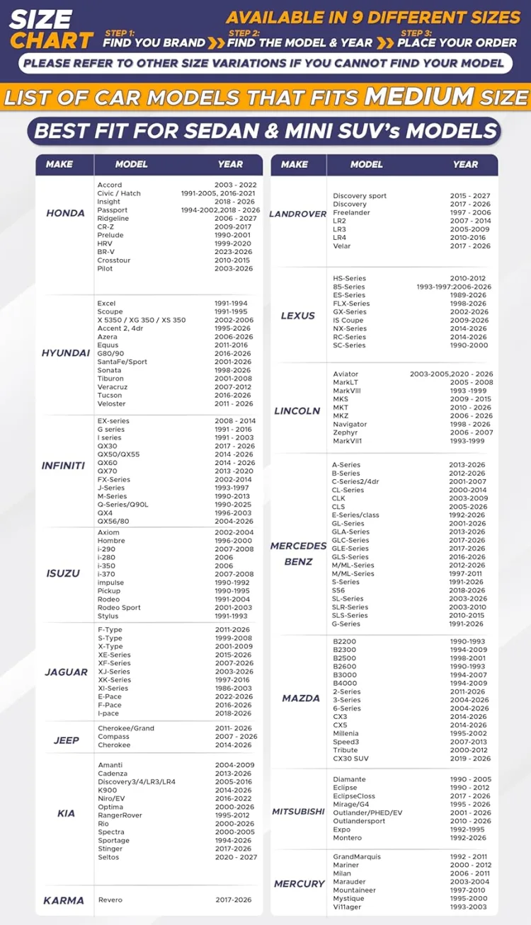 The maker's fit chart, page 2: makes from Honda through Mercury with the models and years the maker lists for each size.