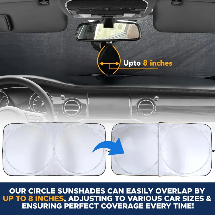 Maker's cabin-view demo: the shade against the windshield from inside the car, with an 'up to 8 inches' overlap callout between the two circles.
