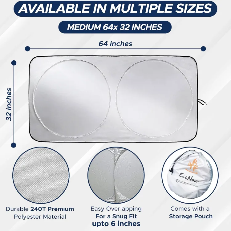 Maker's composite: 'Medium 64 x 32 inches' with dimension arrows across the two circles, a 240T polyester swatch, the 'easy overlapping for a snug fit up to 6 inches' line, and the storage pouch.