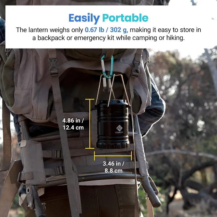 Maker listing image: the collapsed Etekcity lantern hanging from a backpack strap on a carabiner, annotated 0.67 lb (302 g), 4.86 inches tall and 3.46 inches across