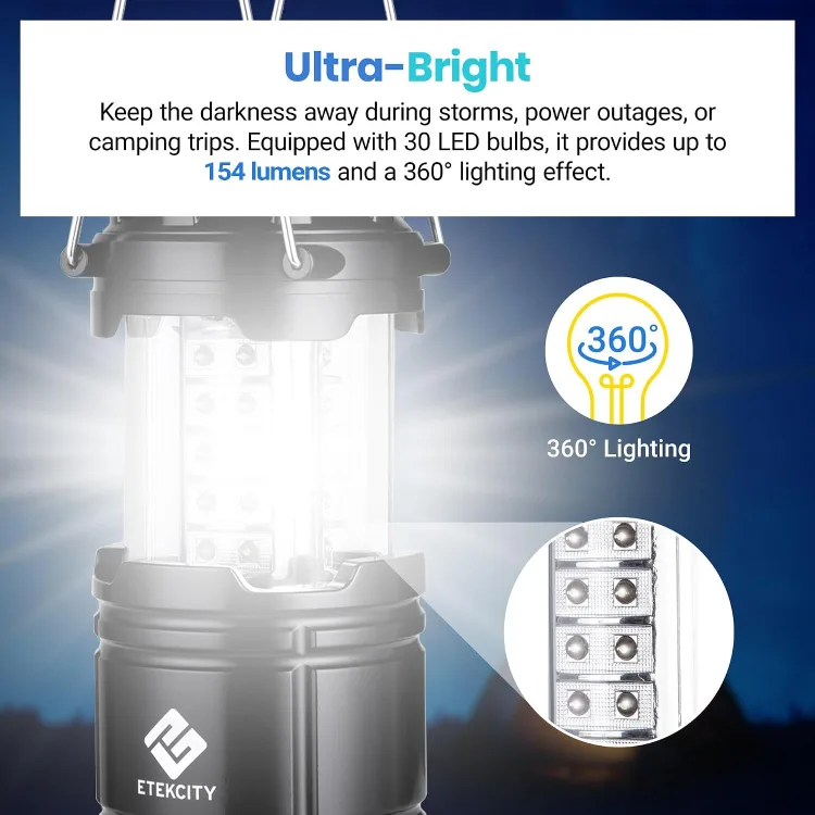 Maker listing image: an expanded Etekcity lantern glowing, annotated 30 LED bulbs, up to 154 lumens and a 360-degree lighting effect, with a close-up of the LED column