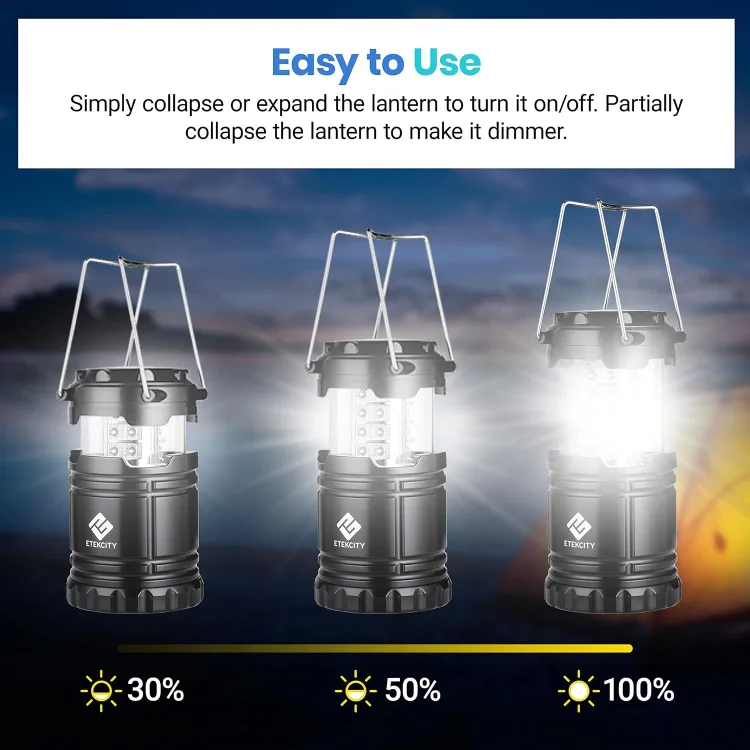Maker listing image: three Etekcity lanterns side by side demonstrating the collapse-to-dim control at 30, 50 and 100 percent brightness