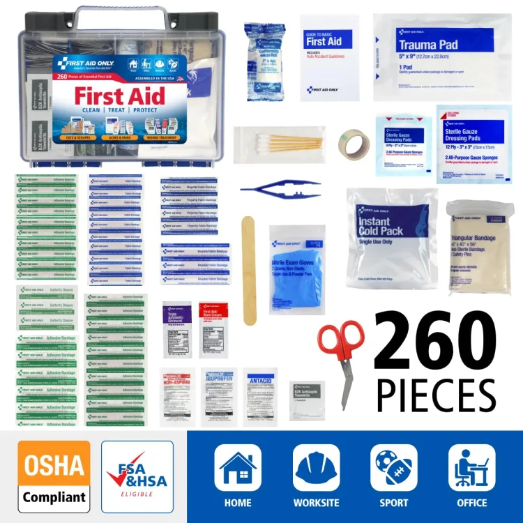 The full 260-piece spread laid out around the case, with the maker's OSHA Compliant and FSA/HSA Eligible badges and home, worksite, sport, and office icons