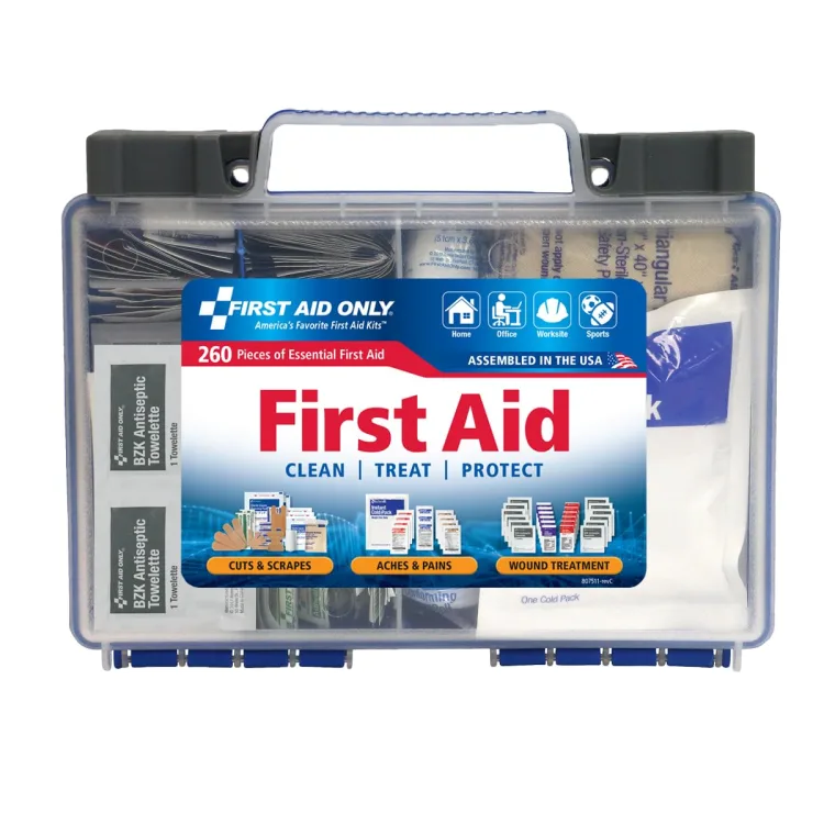The First Aid Only 260-piece kit in its clear-lid hard case with slide latches