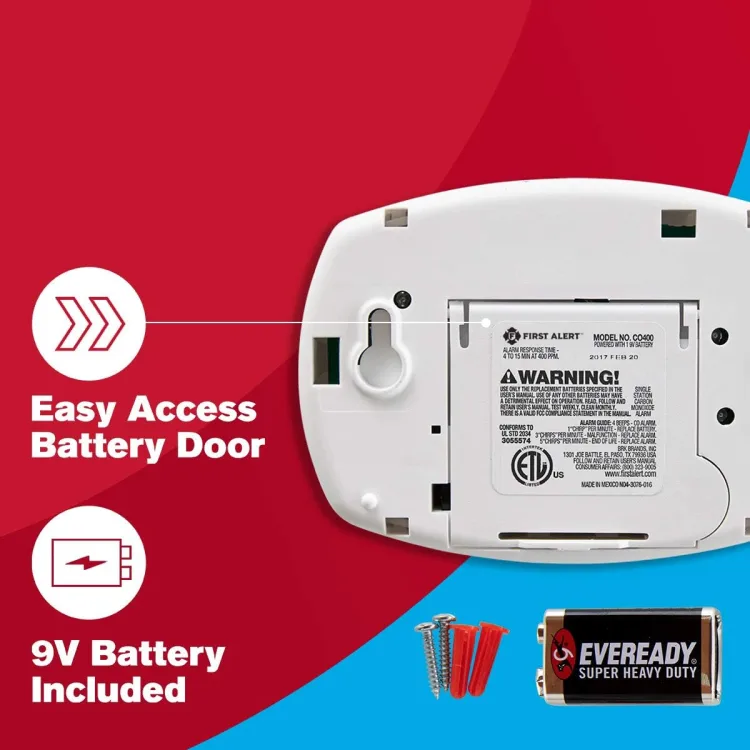 The back of the First Alert CO400: easy-access battery door, mounting screws and anchors, and the included 9V battery, model label CO400