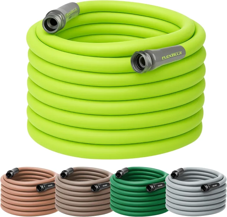 The coiled ZillaGreen Flexzilla garden hose with anodized fittings and its muted color variants