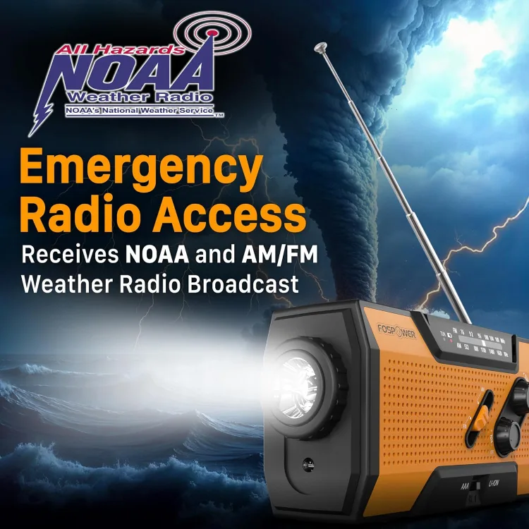 Maker listing graphic: the FosPower radio with its antenna extended against a storm backdrop, claiming NOAA and AM/FM emergency broadcast reception