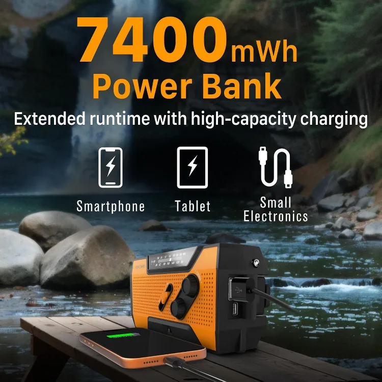 Maker listing graphic headlined 7400mWh Power Bank, showing the radio charging a phone beside a river, with icons for smartphone, tablet, and small electronics