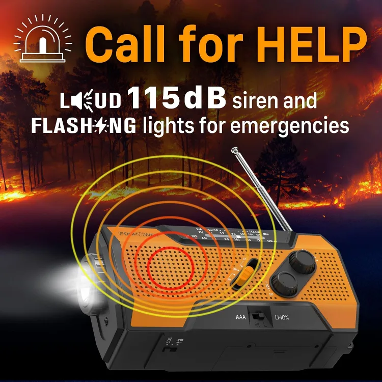 Maker listing graphic for the SOS feature: the FosPower radio sounding a loud siren with flashing light against a wildfire backdrop