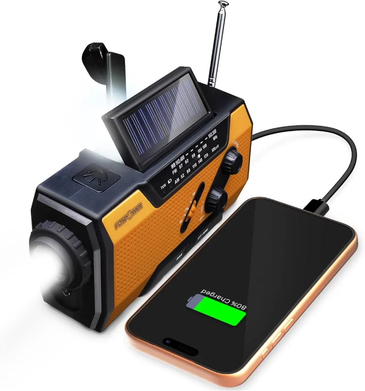 The FosPower emergency weather radio with its hand crank, antenna and built-in reading light