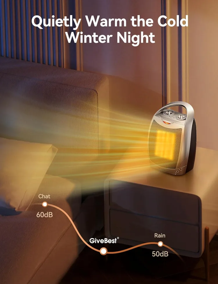 The maker's quiet-night bedroom scene comparing conversation at 60 dB and rainfall at 50 dB