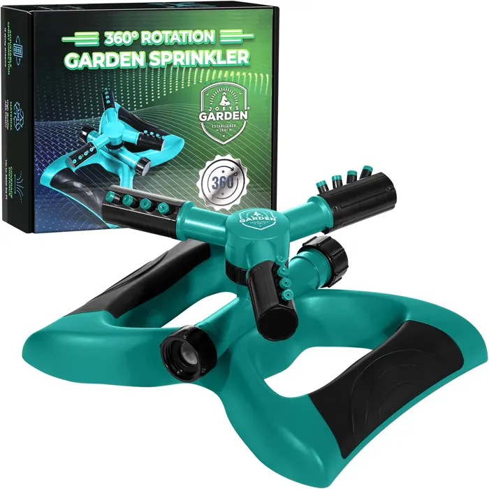 Joeys Garden 360-degree sprinkler next to its retail box