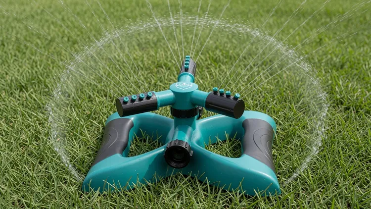 The Joeys Garden sprinkler mid-spray on a bright green lawn, twelve jets arcing in a full circle