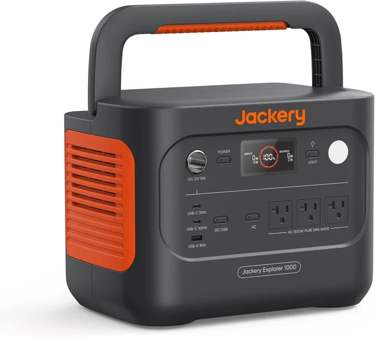 The Jackery Explorer 1000 v2 portable power station with its front panel of AC outlets and USB ports