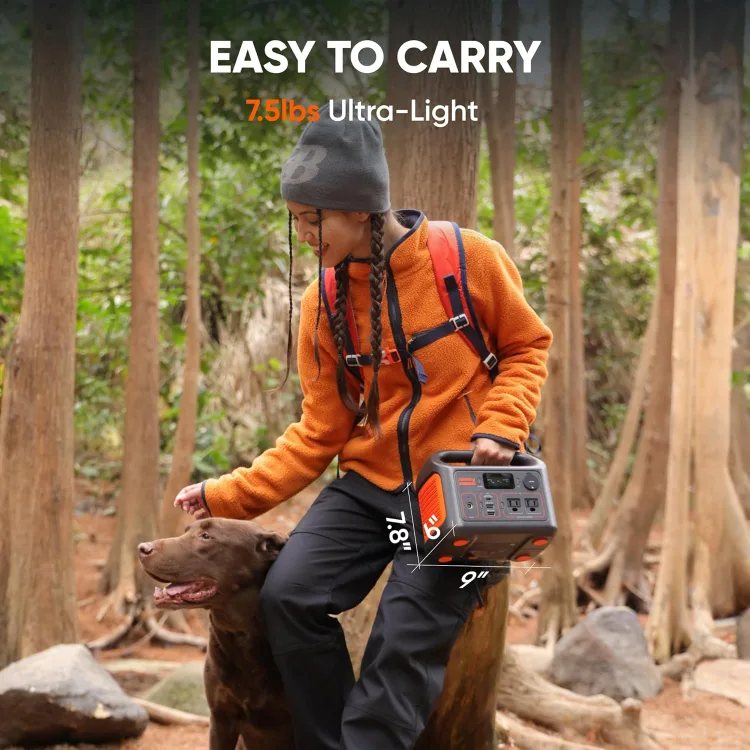 Maker listing image: a hiker carrying the Jackery Explorer 300 by its top handle on a forest trail, annotated 7.5 pounds ultra-light