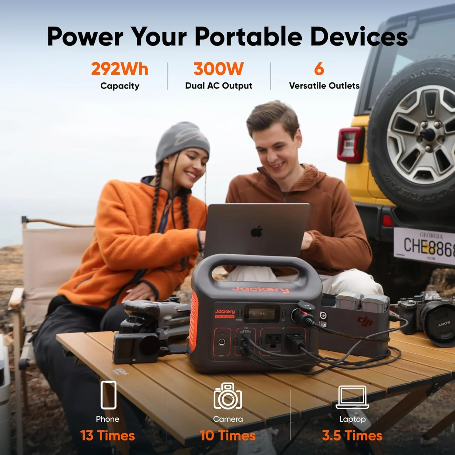 Maker listing graphic for the Jackery Explorer 300 showing 292Wh capacity, 300W dual AC output and recharge estimates for a phone, camera and laptop