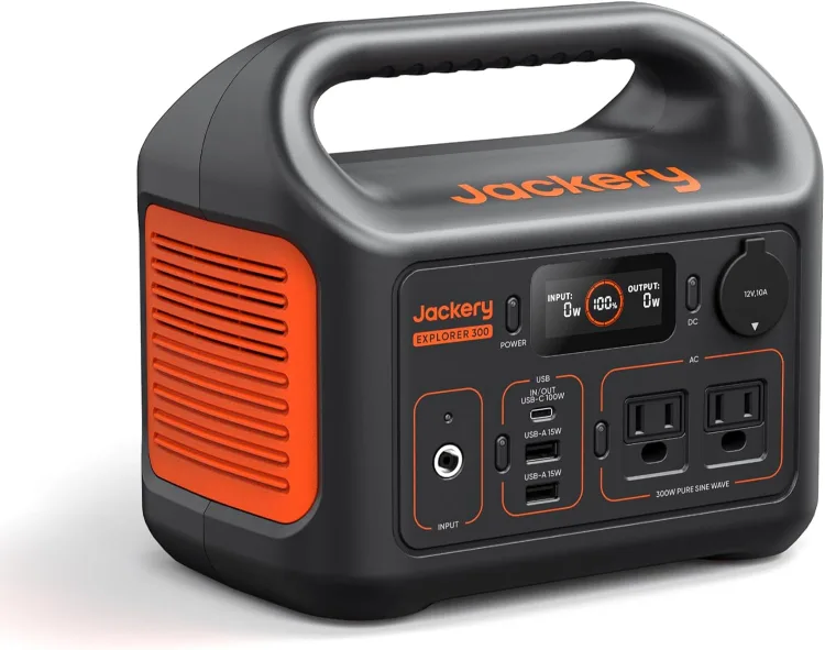 The Jackery Explorer 300 portable power station with its carry handle and front port panel