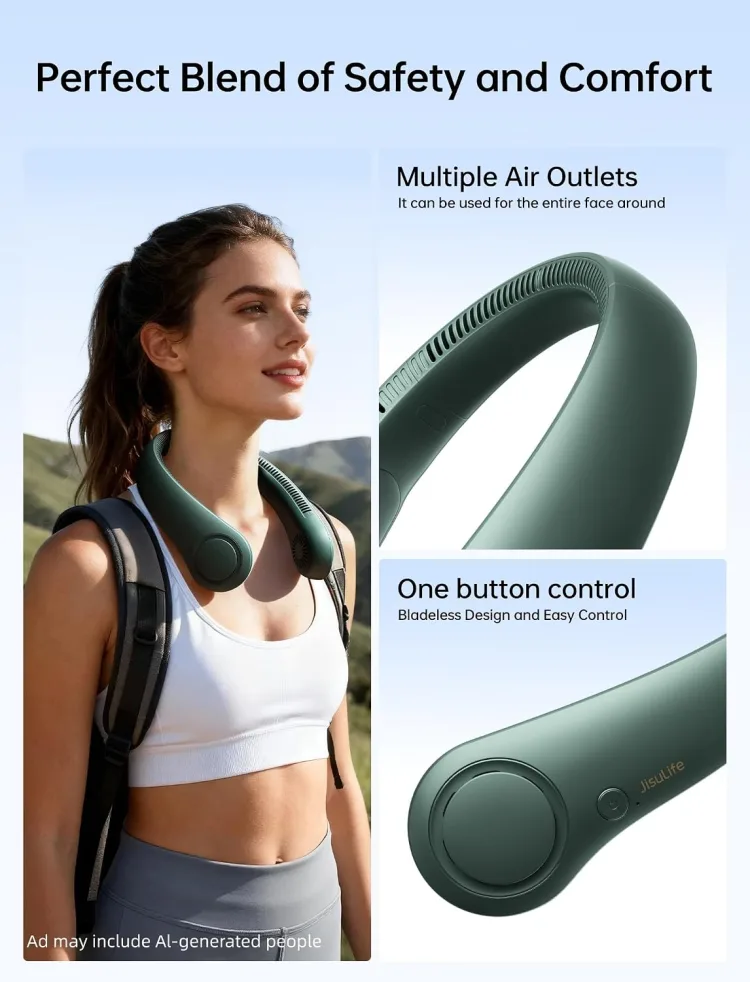 Maker rendering of a woman hiking while wearing the neck fan, with callouts 'Multiple air outlets' and 'One button control'