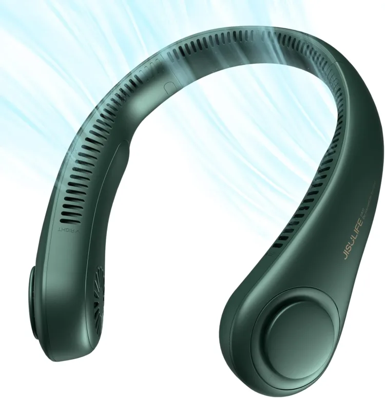 The dark green JISULIFE Life3 neck fan on white with airflow streaks