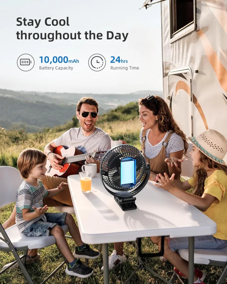 Maker graphic 'Stay cool throughout the day': a family at a camp table beside an RV, with callouts 10,000mAh and 24 hrs; the pictured fan carries a light panel
