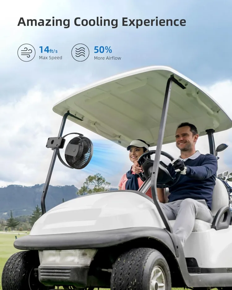 Maker graphic 'Amazing cooling experience': the fan clipped to a golf cart roof rail with callouts 14 ft/s max speed and 50% more airflow