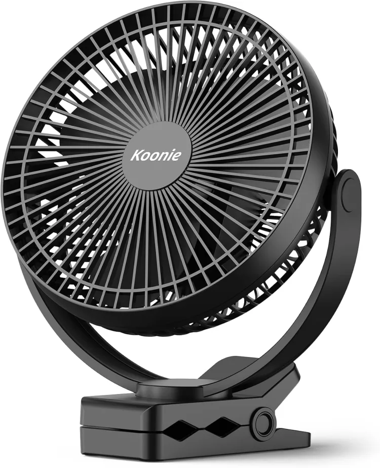 The black Koonie 8-inch clip-on fan on white with its clamp closed
