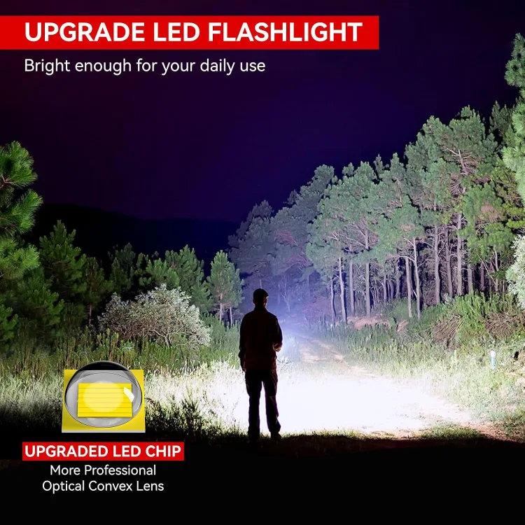Maker listing graphic: one LETMY beam cutting up a dark treeline at night, with an inset of the upgraded LED chip