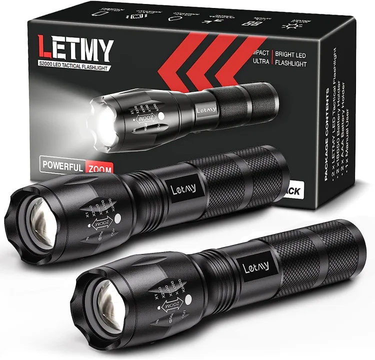 Two black LETMY zoomable LED flashlights beside their retail box