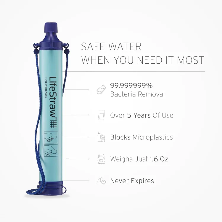 Maker's spec graphic for the LifeStraw: 99.999999% bacteria removal, blocks microplastics, weighs 1.6 ounces, never expires