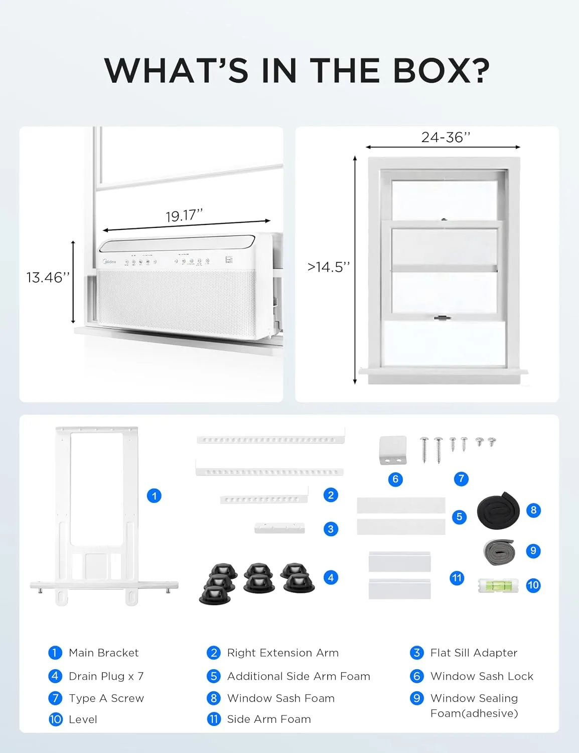 The maker's box diagram: unit face 19.17 by 13.46 inches, window width 24 to 36 inches, sash opening over 14.5 inches, and the included bracket hardware