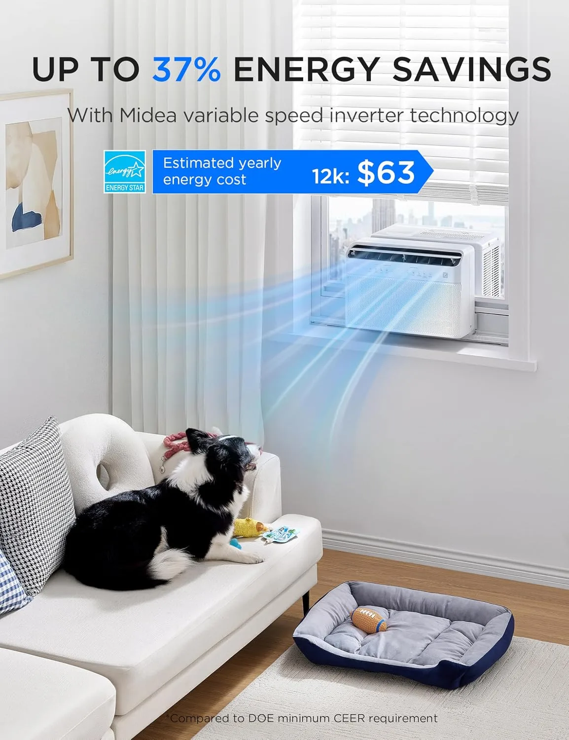 The maker's savings banner: a living-room scene with the Energy Star badge, an up-to-37-percent energy savings claim, and its estimated yearly energy cost figure