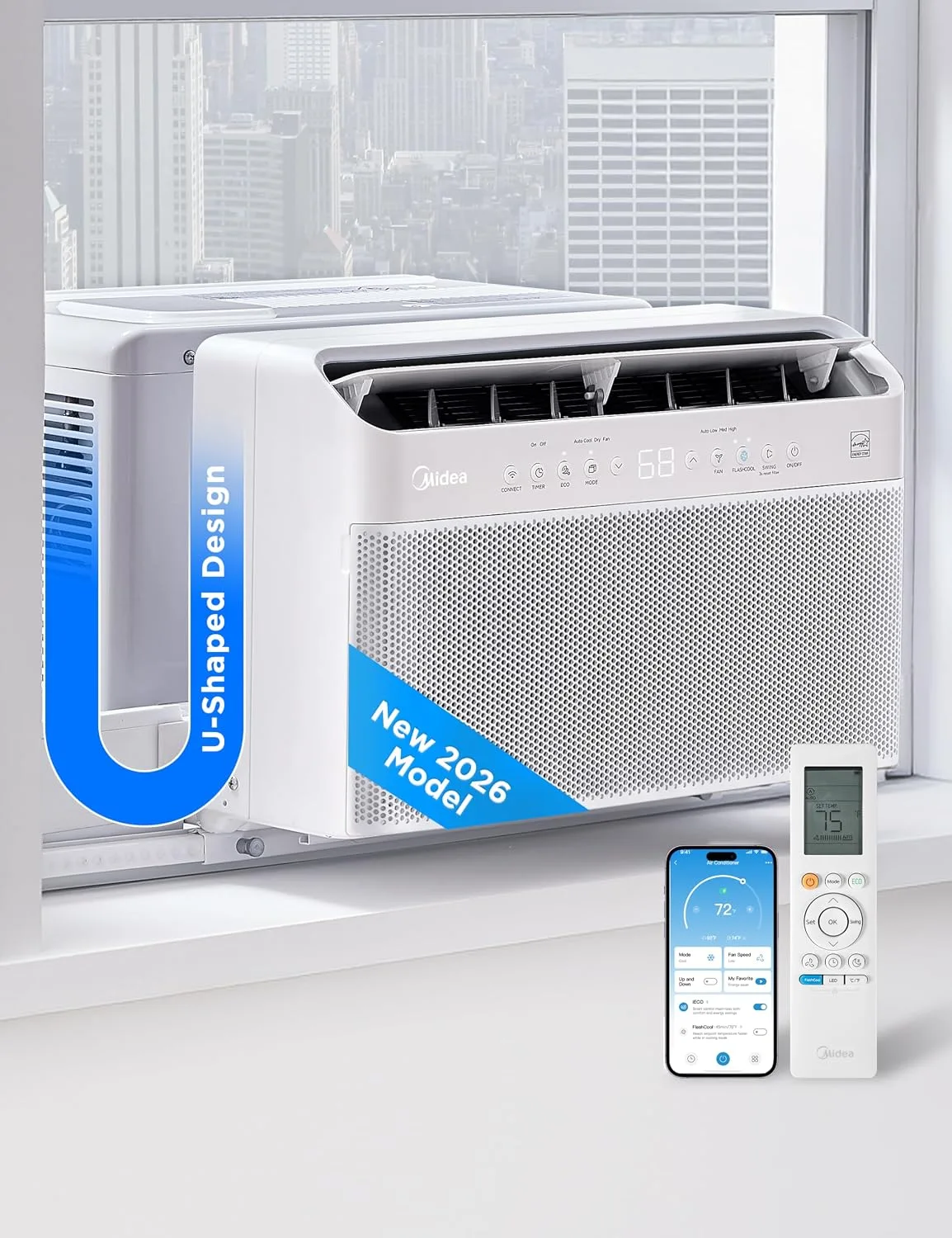 The maker's composite graphic of the U-shaped unit in a window, with its New 2026 Model ribbon, U-Shaped Design callout, and phone-app and remote insets