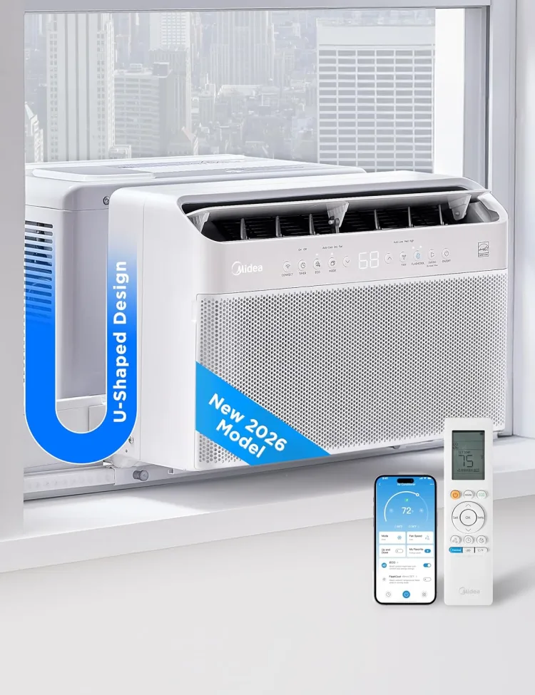 The Midea U-shaped 12,000 BTU window air conditioner seated in a window, with the sash closed down into the U channel